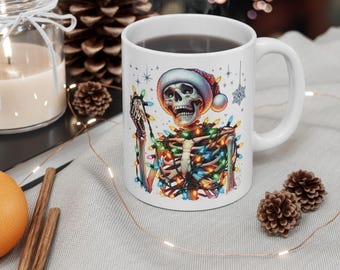 Skeleton Christmas Lights Ceramic Mug, Skull Xmas Coffee Cup, Holiday Festive Hot Cocoa Mug, Puzzled Cheerful Skeleton Winter Tea Cup, Funny