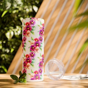Floral Tumbler: Pink Purple Flower Stainless Steel Skinny Cup (20oz)