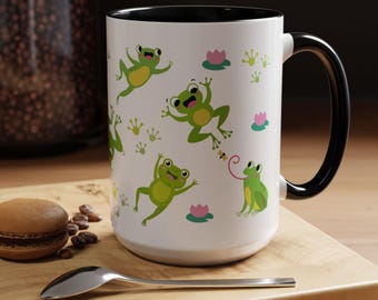 Frog and Lotus Ceramic Mug, Nature Inspired Coffee Cup