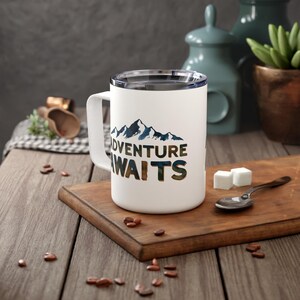 Adventure Awaits Insulated Coffee Mug: Rustic Mountain Travel Cup