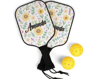 Personalized Sunflower Pickleball Paddle Set | Custom Name Floral Pickleball Paddles for Women | Pickleball Gift for Her with Balls & Bag