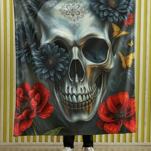 Skull and Floral Velveteen Plush Blanket | Gothic Home Decor, Cozy Throw for Living Room, Unique Gifts, Halloween Decor