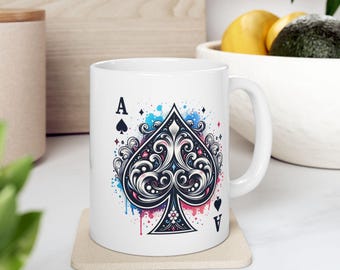 Ace of Spades Ceramic Mug, Minimalist Bold Coffee Cup Gift, Ornate Detail Tea Mug, 11oz 15oz Hot Cocoa Mug, Kitchen Decor Accessories
