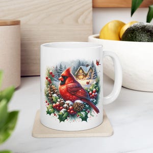 Christmas Cardinal Ceramic Mug, Holiday Cabin Mug, Winter Cardinal Coffee Cup, Christmas Cardinal Gift, Festive Holiday Mug, Winter Bird Tea