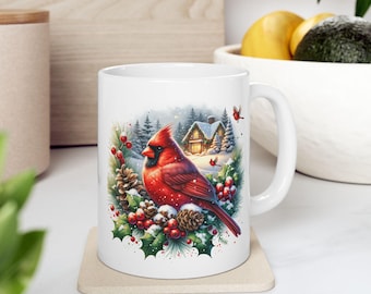Christmas Cardinal Ceramic Mug, Holiday Cabin Mug, Winter Cardinal Coffee Cup, Christmas Cardinal Gift, Festive Holiday Mug, Winter Bird Tea