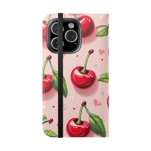 Cherry Blossom Flip Case for iPhone Samsung, Faux Leather Cherry Wallet Cover, Cell Phone Accessory, Trendy Mobile Phone Cover Gift for Her