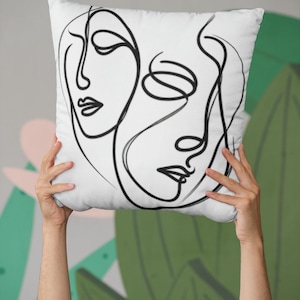 Abstract Faces Pillow, Minimalist Home Decor, Line Drawn Black and White Pillow, Modern Throw Cushion, Geometric Design Accent