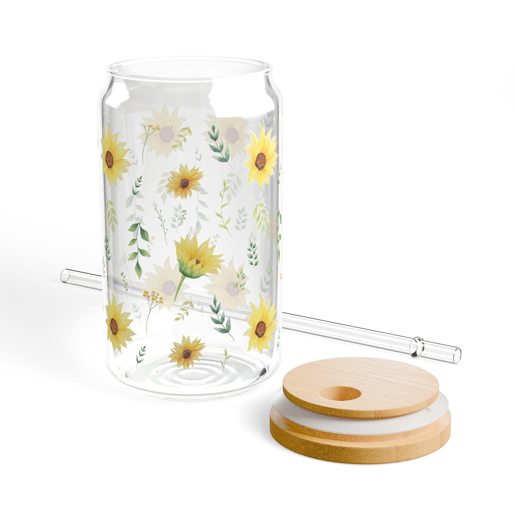 2 Sonnenblumen-Glasbecher Mit Deckel & Strohhalm – Stylisches Set Für Sommerdrinks & Gartenparty