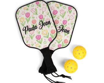 Personalized Pickleball Paddle Set for Women | Custom Name Tulip Floral Paddles | Pink Green Preppy Pickleball Gift with Balls & Carry Bag