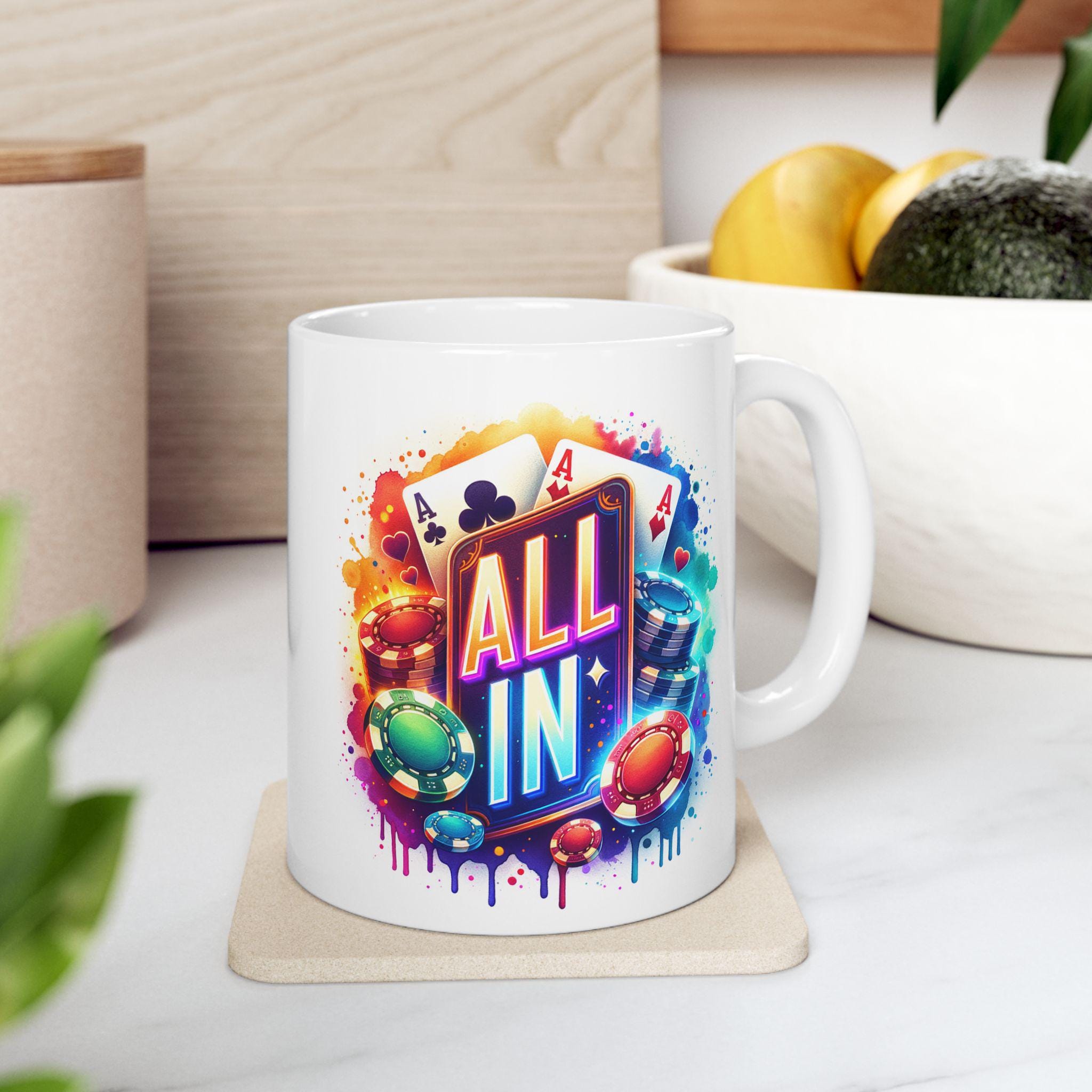 Poker Chips Ceramic Mug - All In, High-Stakes Gambling Coffee Cup, Poker Lover Gift, Bold Dynamic Font, 11oz, 15oz