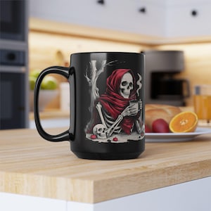 Gothic Skull Mug, Spooky Coffee Cup, Halloween Decor, Holiday Birthday Skull Lover Gift for Friends, Grim Reaper Black Drinkware