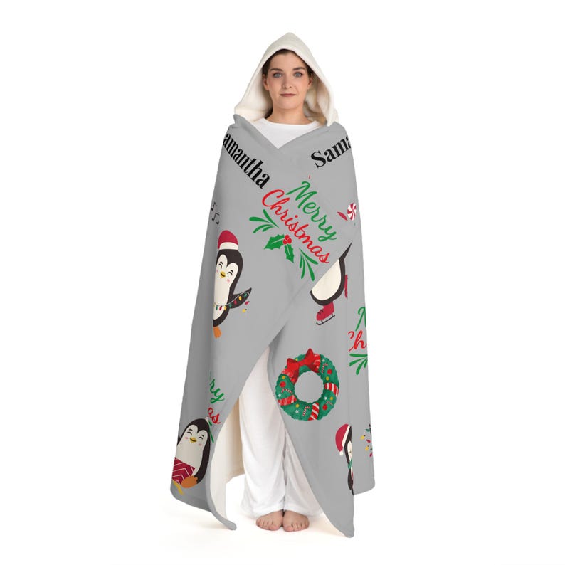 Christmas Tree Penguin Pattern Print Hooded Blanket