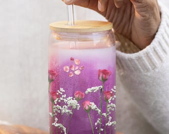 Floral Glass Sipper: Reusable Tumbler with Bamboo Lid & Straw