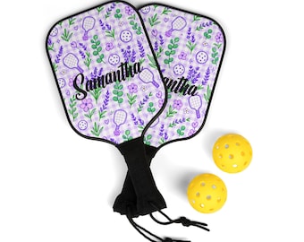 Personalized Pickleball Paddle Set for Women | Custom Name Lavender Floral Paddles | Purple Gingham Pickleball Gift for Her with Balls & Bag