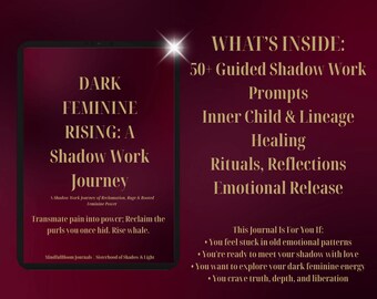 Könnte beinhalten: Ein digitales Tablet zeigt den Text "DARK FEMININE RISING: A Shadow Work Journey". Das Bild hat einen dunkelburgunderfarbenen Hintergrund mit Text, der den Inhalt des Journals auflistet: Eingabeaufforderungen, Heilung, Rituale und emotionale Befreiung. Das Journal ist für diejenigen, die emotionale Befreiung suchen.