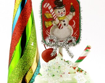 Snowman Fake Cupcake Christmas Decor Vintage Image of Snowman w/ Vintage Gift Wrap Cupcake Wrapper! Signature 12 Legs Design