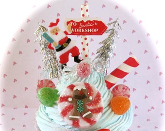 Santa's Workshop Fake Cupcake Gingerbread Man Gumdrops Metallic Trees and Red White Polka Dot Decor Secret Santa Gift Stocking Stuffer