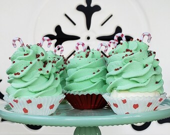 Fake Christmas Cupcakes & Candy Canes. Set of 5. Green Mini Cupcakes. Can Be Ornaments Fab Holiday Gift/ Stocking Stuffer Idea