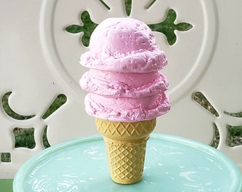 Fake Strawberry Ice Cream Cone. Triple Scoop Strawberry. Retro Inspired Ice Cream Cone Decor.