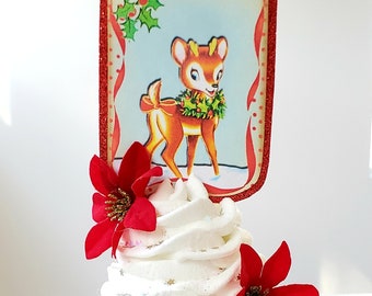 Vintage Christmas Card Fake Cupcake w/ Deer. Christmas Decor Can Be Ornament. Fab Holiday Hostess Gift