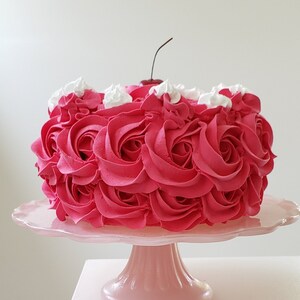 Fake Rosette Cake. Hot Pink fake cake with cherry. Approx. 6.75&quot;w x 4&quot;h Fab Photo Prop, First Birthday, Home Staging Decor