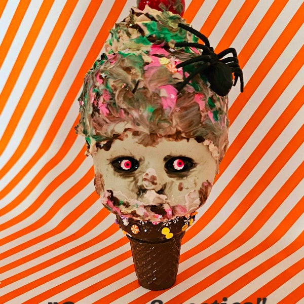 Creepy Baby Doll Head Ice Cream Cone, 12 Legs Curiosities Creepy Sweeties Collection, Limited Edition Halloween Art, Halloween Prop