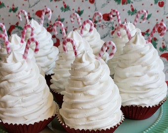 Fake Cupcakes with White Classic Swirl and Candy Canes. Fab Wedding Decor, Sets of 2, 4, 6, 8 & more Available. Kitchen Decor