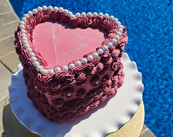 Vintage Heart Fake Cake with Faux Pearls. Dusty Rose Pink. Can be made to Hang on Wall. Photo Prop, Home Decor & Birthday