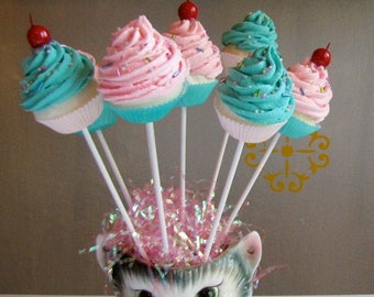 Fake Cupcake Lollipops "Sweet and Whimsy" Collection 8 Mini Pink/Aqua Lollipops Great Party Decor 12 Legs Original Concept Can Customize