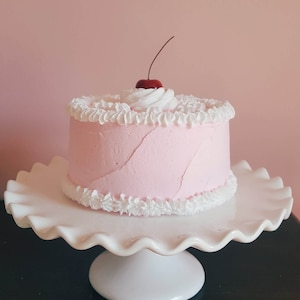 Fake Pink Cake with Cherry &quot;Heavenly Cakes&quot; Collection. Pink Single Layer Cake. Retro Cookbook Inspired Cake.