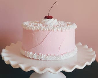 Fake Pink Cake with Cherry "Heavenly Cakes" Collection. Pink Single Layer Cake. Retro Cookbook Inspired Cake.