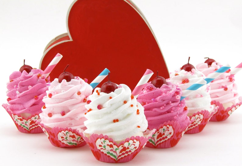 Fake Cupcakes Dutch Heart Collection Set of 6 Mini Cupcakes Can Be Ornaments or Magnets Fab Valentines Day or Birthday Decor image 3