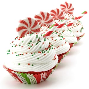 Fake Christmas Cupcake ONE "Old Fashioned, Swirly Twirly Peppermint Cupcake Ornament" Standard Size TOO CUTE 12 Legs Original Design