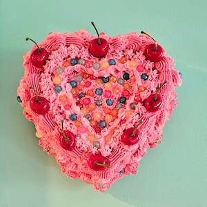 Vintage Heart Fake Cake Wall Art with Cherries. Can be made without hanger. Home, Office, Bakery, School Decor. Cherry Home Decor image 1