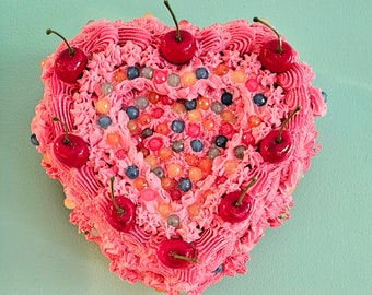 Vintage Heart Fake Cake Wall Art with Cherries. Can be made without hanger. Home, Office, Bakery, School Decor. Cherry Home Decor