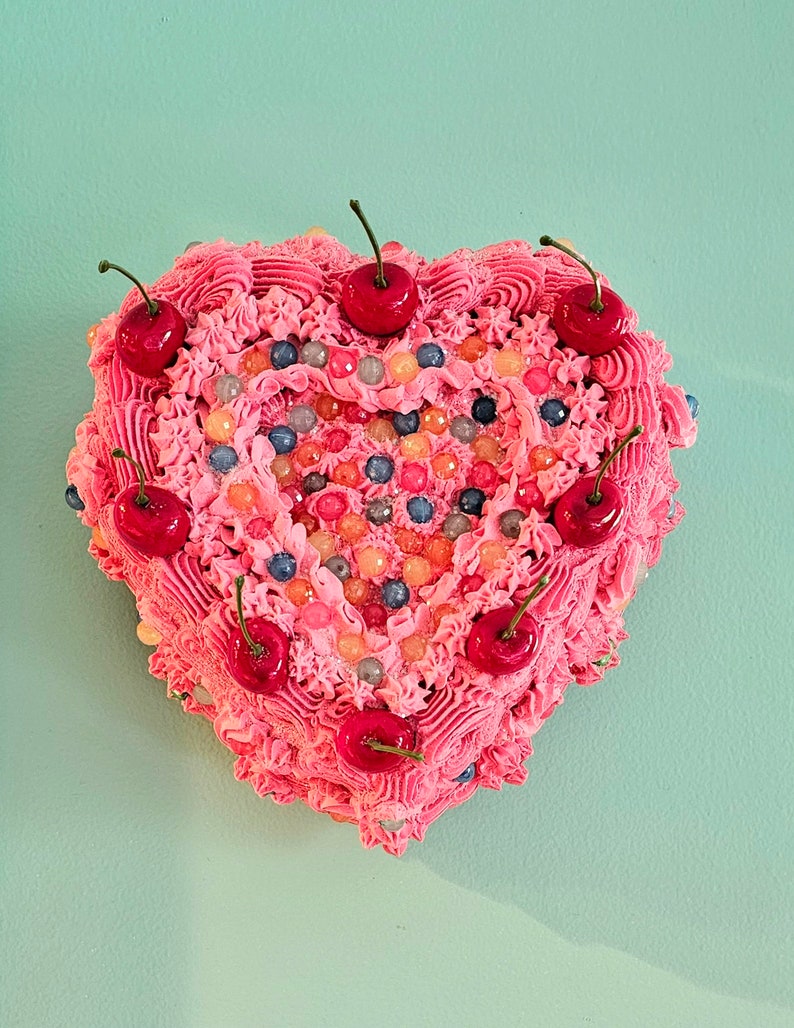 Vintage Heart Fake Cake Wall Art with Cherries. Can be made without hanger. Home, Office, Bakery, School Decor. Cherry Home Decor image 1