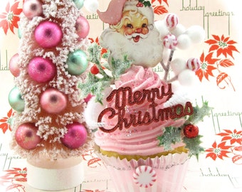 Pink Santa Fake Cupcake Holiday Decor w/Vintage Santa Image Merry Christmas Sign & Peppermints Can Be Made Into Ornament Fab Holiday Decor