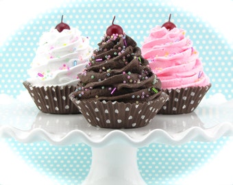 Chocolate, Strawberry and Vanilla Fake Cupcake Set. Set of 3 Cupcakes with Brown Polka Dot Cupcake Liner. Home Decor, Birthday Photo Props