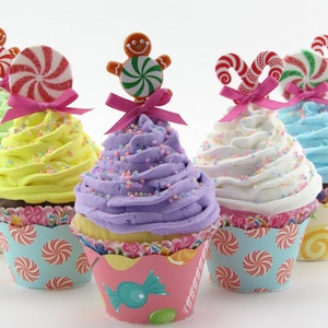 Candy Land Fake Cupcakes Set 6 Standard Size Cupcakes Candy Land Birthday/Christmas Decor Gingerbread Men, Candy Canes, Peppermint Candy image 4