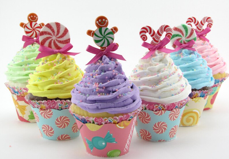 Candy Land Fake Cupcakes Set 6 Standard Size Cupcakes Candy Land Birthday/Christmas Decor Gingerbread Men, Candy Canes, Peppermint Candy image 4