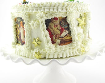 Fake Christmas Cake w/ Father Christmas & Angels. Approx. 7"w x 4.5"h Holiday Decor First on Etsy! Victorian Santa Decor