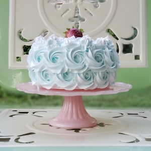 Fake Rosette Cake. Light blue fake cake with strawberry. Approx. 6.75"w x 4"h Fab Photo Prop, First Birthday, Home Staging Decor