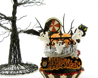 Halloween Fake Cupcake with Brain Graveyard Halloween Artwork w/ Vintage Happy Halloween Sign, Bat, Owl and Ghost Decor Fab Hostess Gift