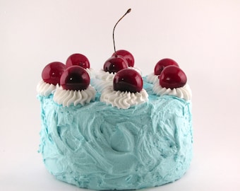 Fake Cake "Retro Cookbook Cake Collection" Cherries Jubilee Turquoise Cake Fab Photo Prop, Cake Plate Display 12 Legs Original