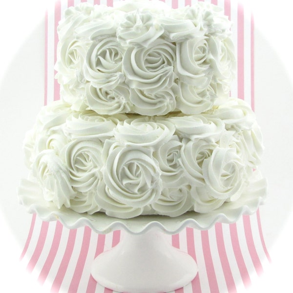 White Rosette Fake Cake Stackable 2 Tier Cake Bottom Tier Approx. 9"w x 4.25"h Top Tier Approx. 6.75" w x 4" h Fab Photo Prop/Wedding Decor