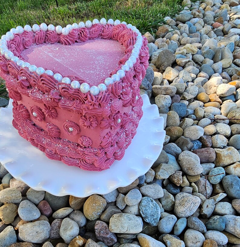 Vintage Heart Fake Cake with Faux Pearls. Dusty Rose Pink. Can be made to Hang on Wall. Photo Prop, Home Decor & Birthday image 8