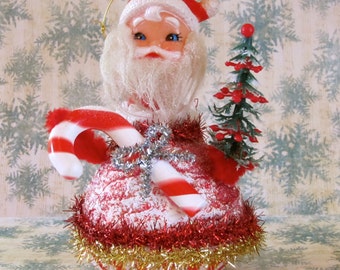 Vintage Santa Head New Handmade Ornament with Vintage Candy Cane Holiday Decor Hostess Gift