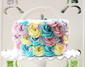 Unicorn Fake Cake. Spring Decor for Kitchen. Fake Unicorn Rosette Cake with Multi Colored Rosettes. Perfect Birthday Party Decor