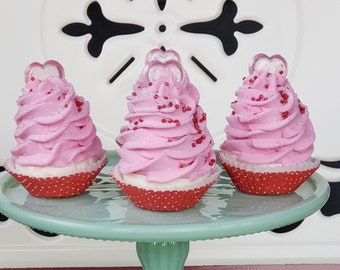 Fake Valentine's Day Cupcakes. Pink Mini Cupcakes with red polka dot liners. Set 4 Can Be Ornaments, Fab Photo Props