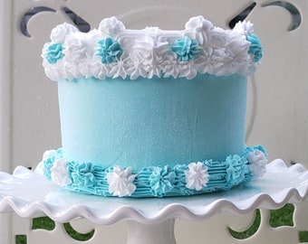 Fake Cake "Heavenly Cakes" Collection Turquoise White Single Layer Cake Approx. 6"w and 4.25" h Retro Cookbook Inspired White Cake 12 Legs